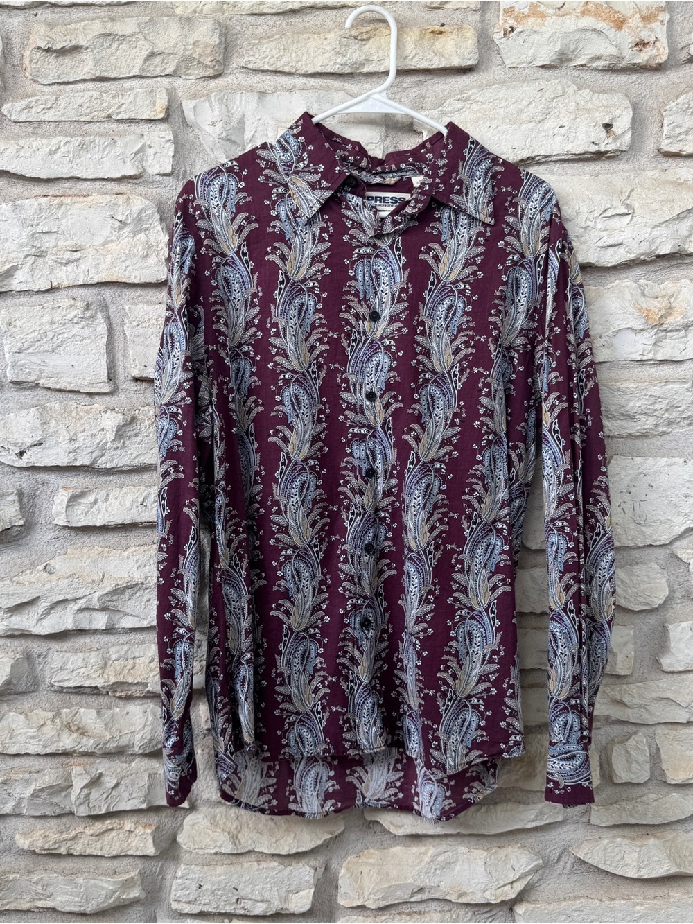 Express Burgundy Paisley-Print Long Sleeve Button-Down Shirt